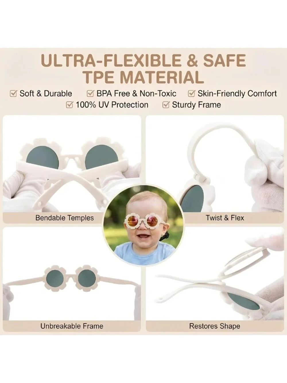Polarized Infant Sunglasses with Strap - Unbreakable Floral Baby Shades 0-12M